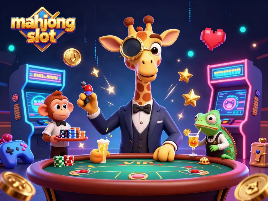 Experience the excitement of mahjong slot with a high-roller giraffe and vibrant game elements in a 3D illustration.