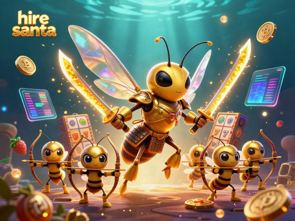 Hire Santa to enhance your event with a unique approach featuring vibrant casino elements and a golden hornet character.