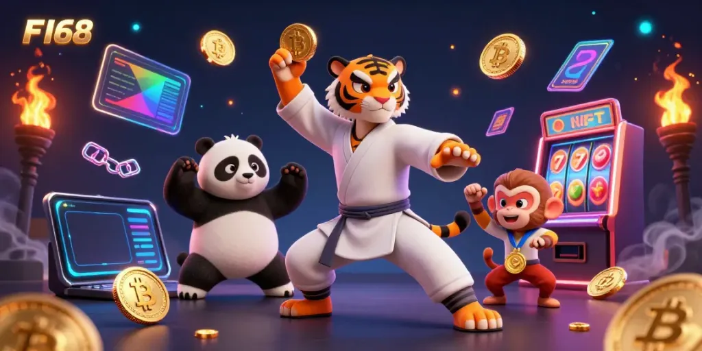 F168 showcases a vibrant 3D scene with a kung fu tiger master and playful characters, highlighting the excitement of gambling.