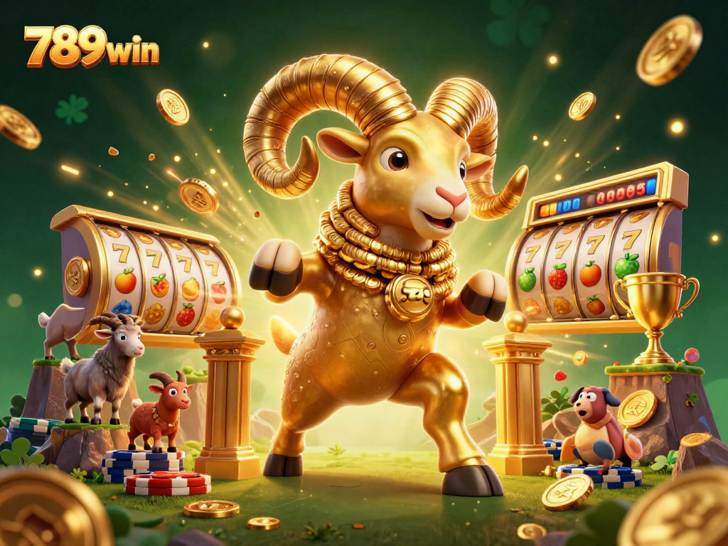 Experience the excitement at 789win with dazzling slot reels and a golden ram amidst jackpot thrills.