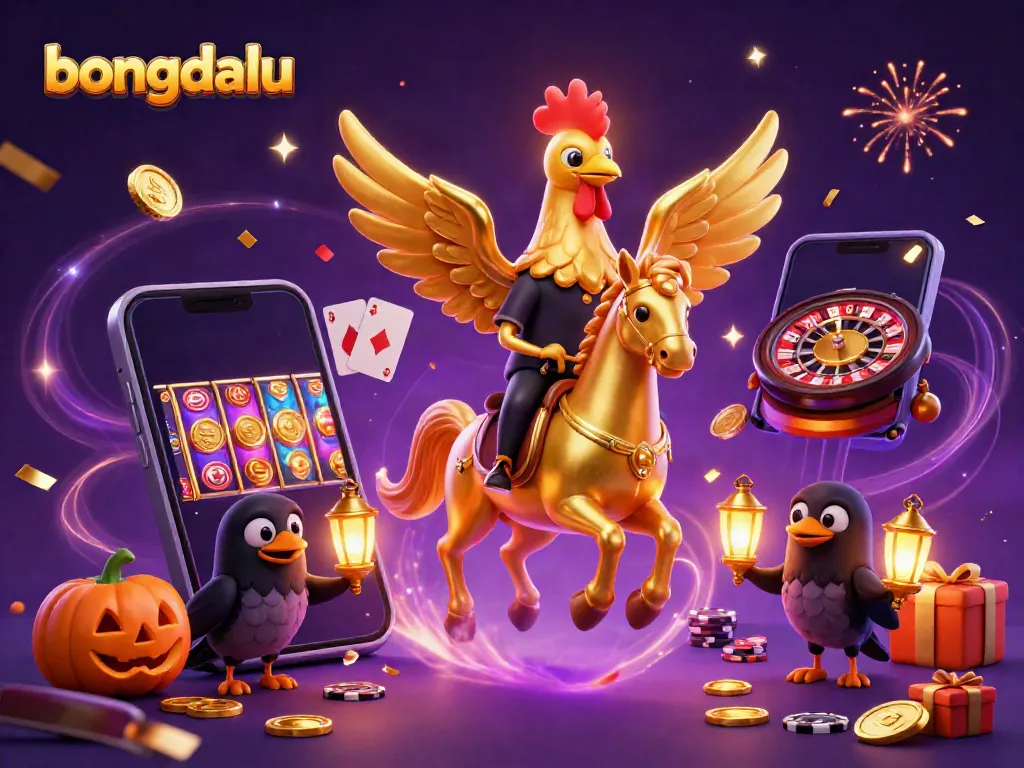 Experience the excitement of bongdalu with a golden rooster on a spectral horse in a vibrant casino scene.
