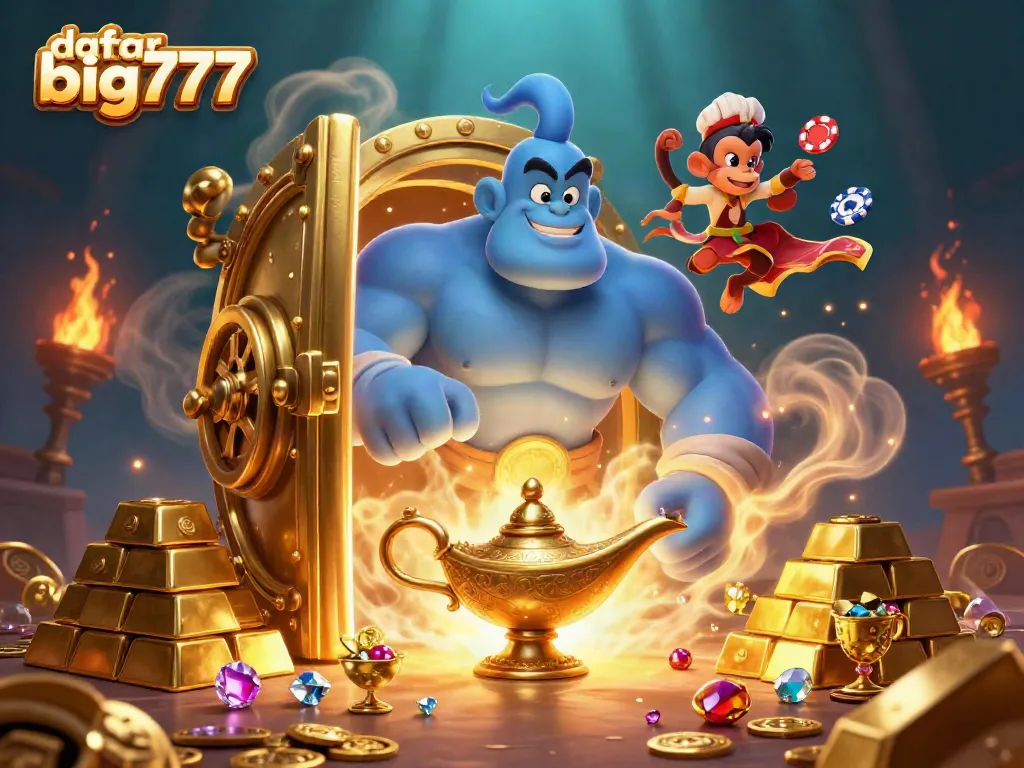 Engage with daftar big777 as a muscular genie emerges in a vibrant casino scene filled with treasures and excitement.