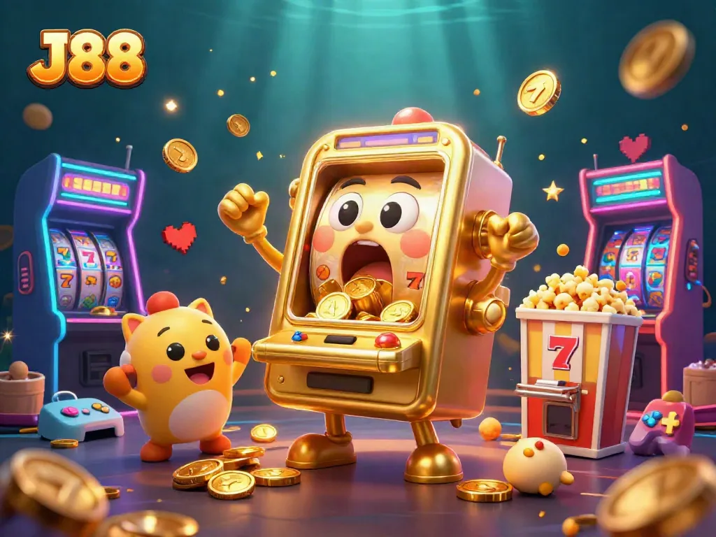 Experience thrilling wins at J88 with a lively slot machine hitting the jackpot in a vibrant casino scene.