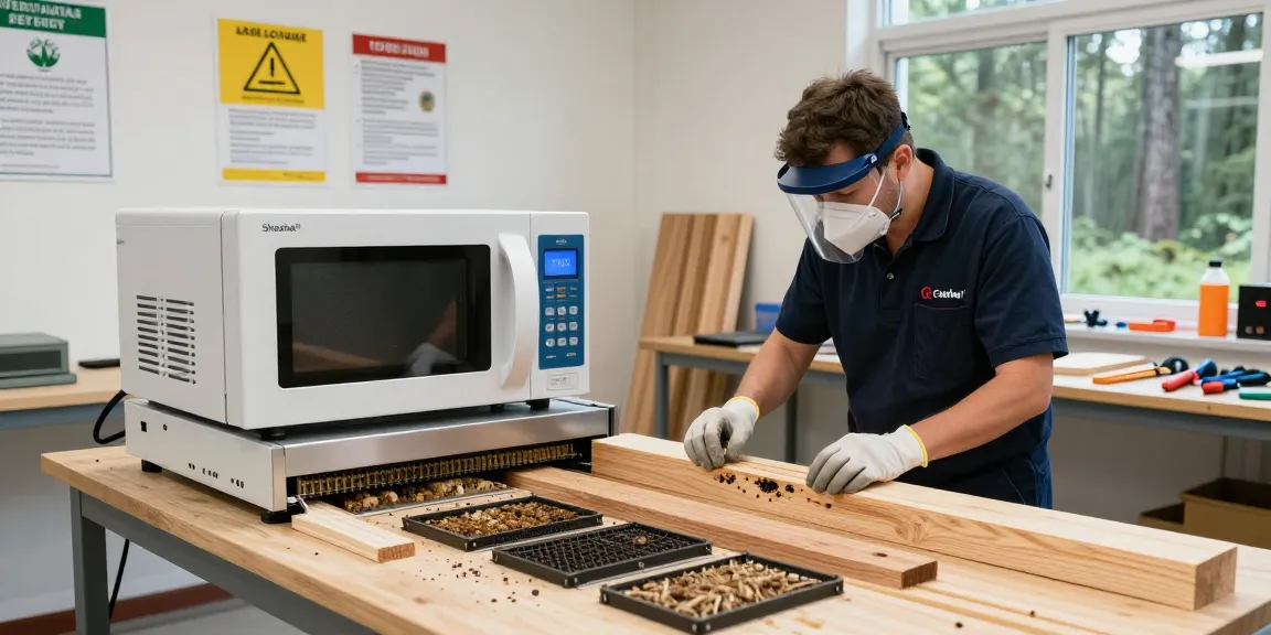 Shashel technology in action, showcasing effective wood pest elimination with modern microwave equipment in a professional workshop.
