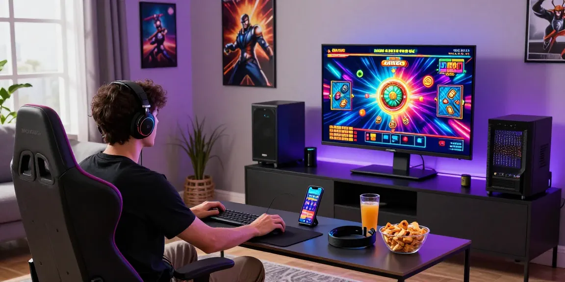 Player enjoying situs slot gacor in vibrant living room, engaging gaming atmosphere with snacks and LED lights.