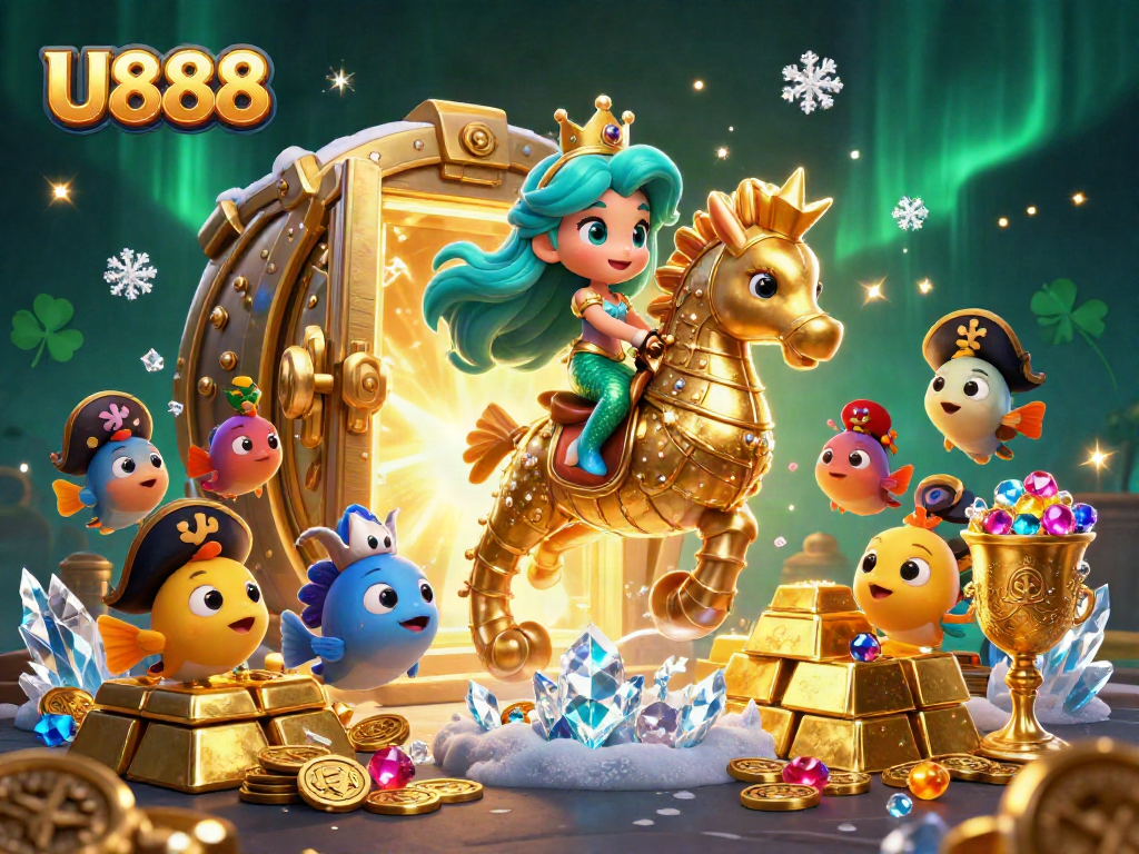 Experience thrilling adventures with U888's mermaid and seahorse in this dazzling gaming illustration.