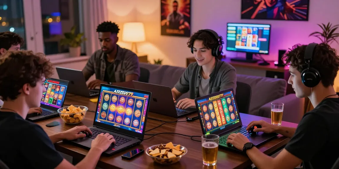 A diverse group of players enjoying daftar slot games on laptops and smartphones in a cozy setting, showcasing excitement and engagement.