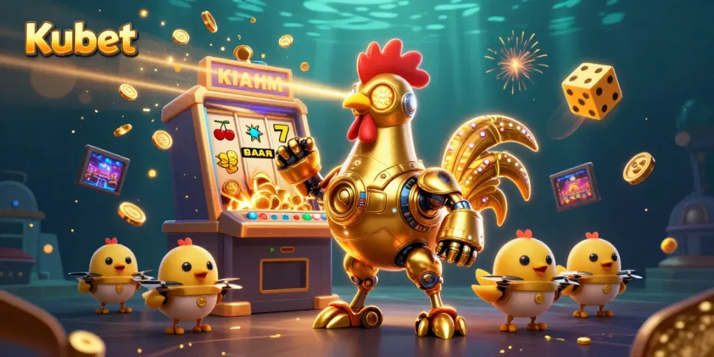 Kubet's retro-futuristic golden rooster robot leads baby chick drones through a vibrant casino scene bursting with jackpots.