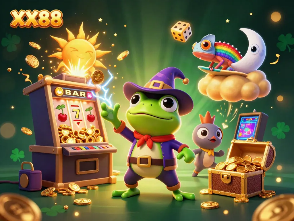 Experience the thrill of XX88 as a wizard frog conjures coins amidst explosive casino elements.