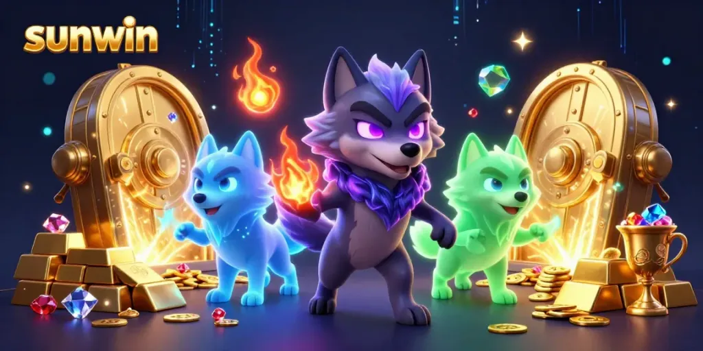 Engage with sunwin's exciting casino adventure led by a glowing wolf leader amidst treasures and gems.