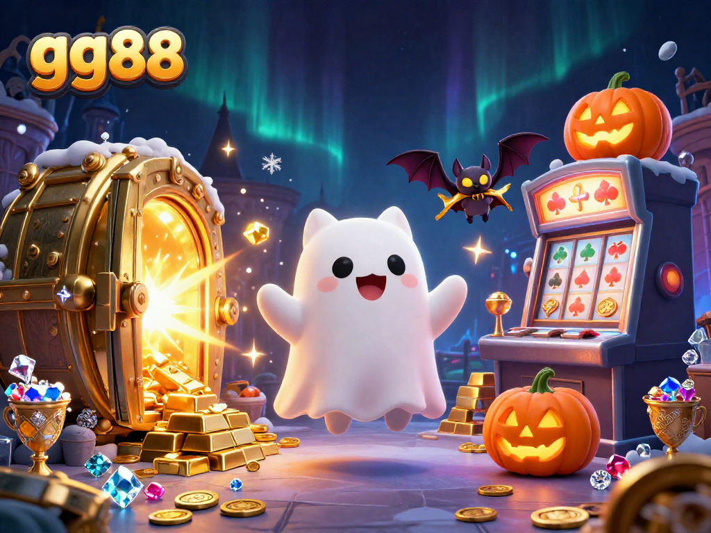 Engage with gg88's casino adventure featuring a friendly ghost cat, bat companion, and glowing jack-o-lanterns.
