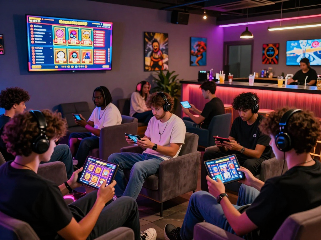 Players enjoying gacor slot games in a vibrant gaming lounge with modern decor.