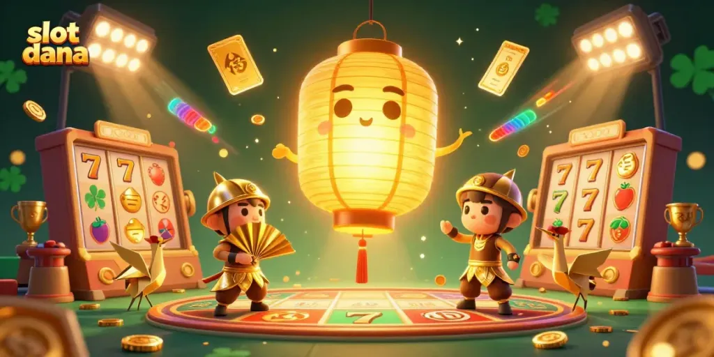 Ilustrasi 3D di kasino malam menampilkan slot dana dengan simbol keberuntungan dan karakter menarik.