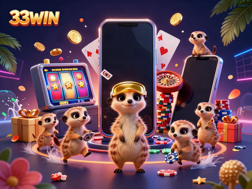Immerse in 33WIN's lively casino with cartoon meerkats managing fun gaming elements.