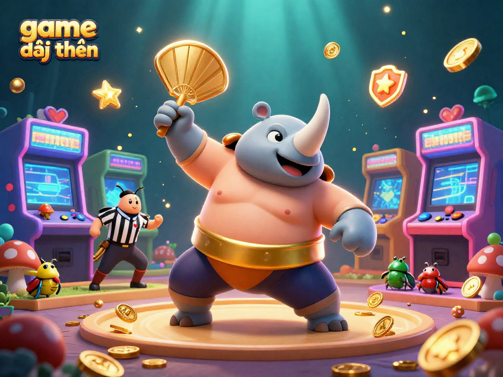 Experience exciting game đổi thưởng moments with a powerful rhinoceros beetle champion in a dynamic casino scene.