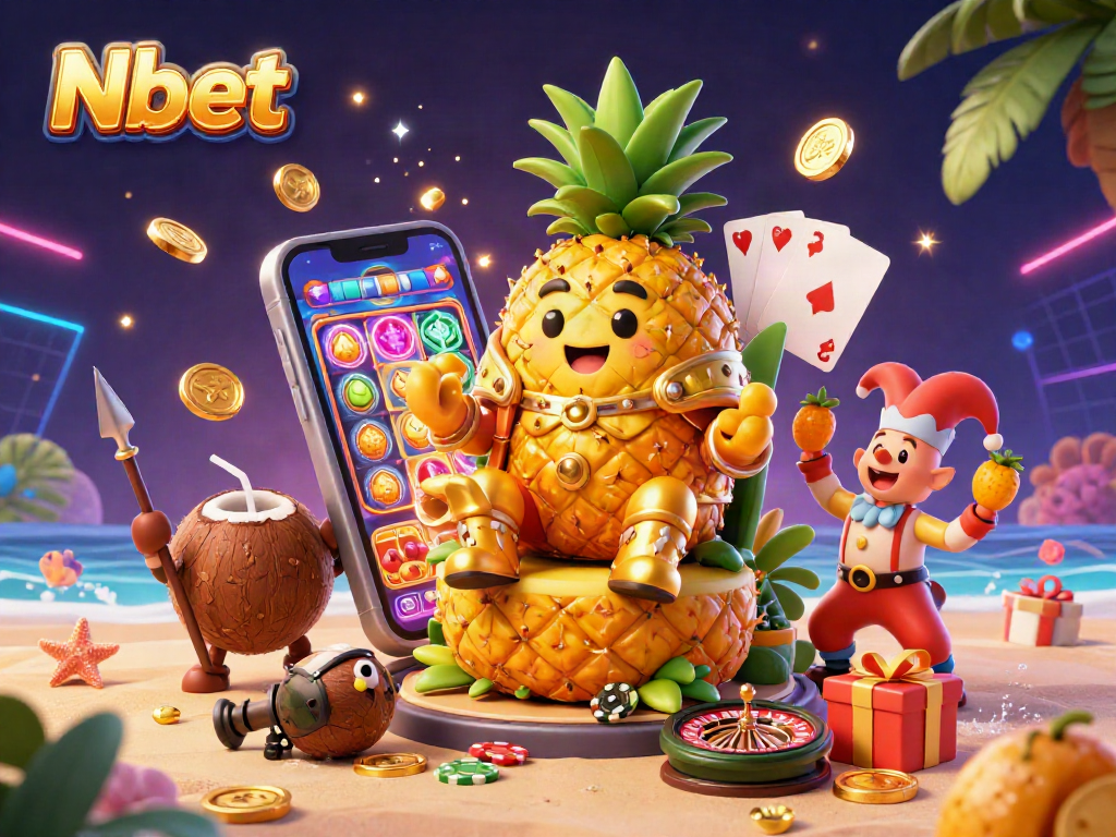 Nbet showcases a vibrant casino scene with a golden pineapple king and dynamic gaming elements.
