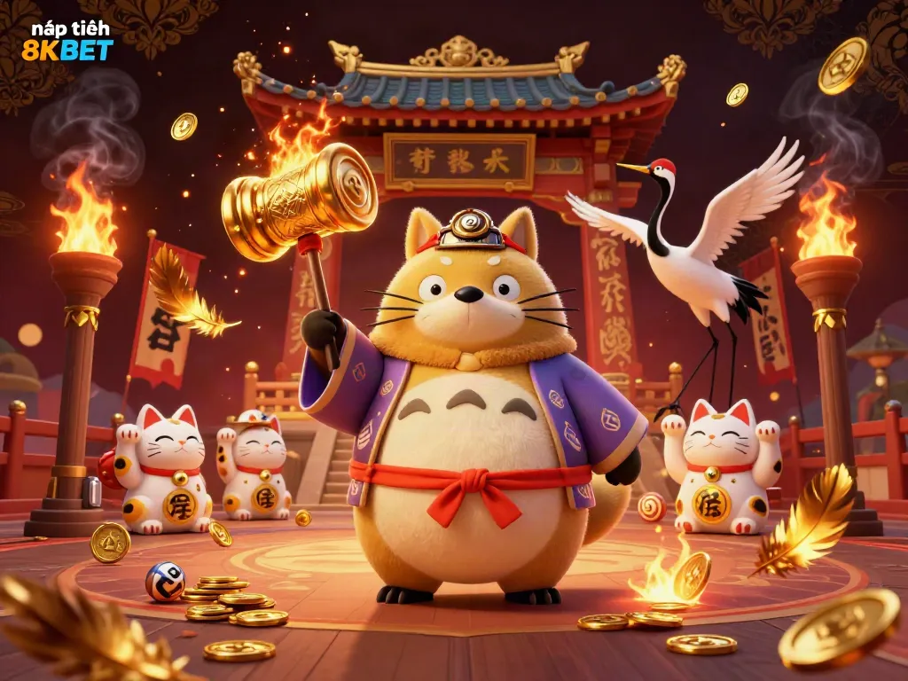 nạp tiền 8KBET in an engaging 3D illustration with a cheerful tanuki and lucky symbols, showcasing gambling excitement.