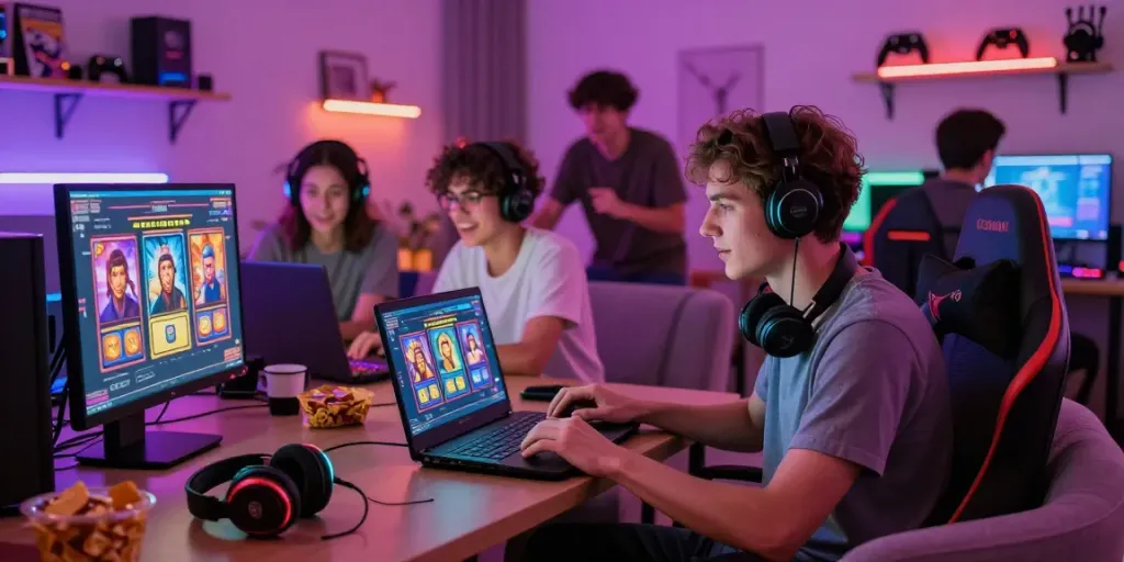 Engaging young adult playing slot online with friends in a cozy gaming setup.