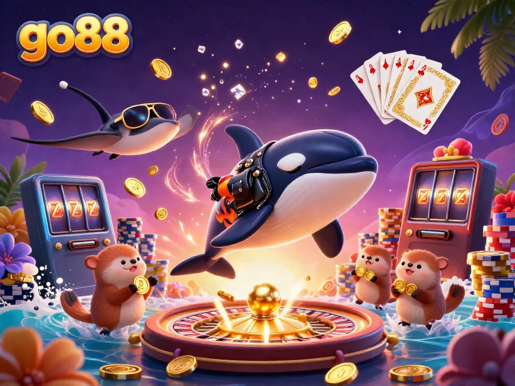Engage with go88's vibrant casino scene featuring dynamic characters and sparkling elements in an exciting underwater adventure.