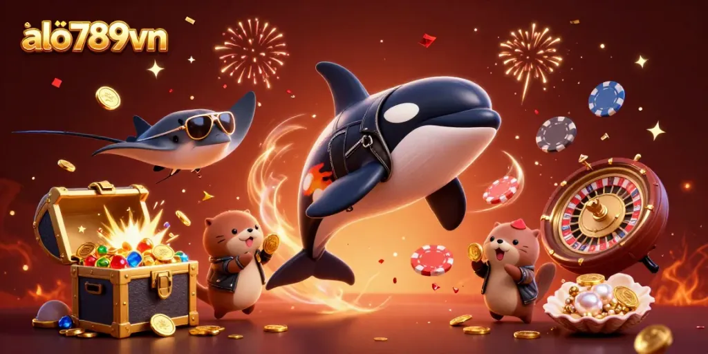 Experience the excitement of alo789vn with an orca, stingray, and otters amidst dazzling casino elements.