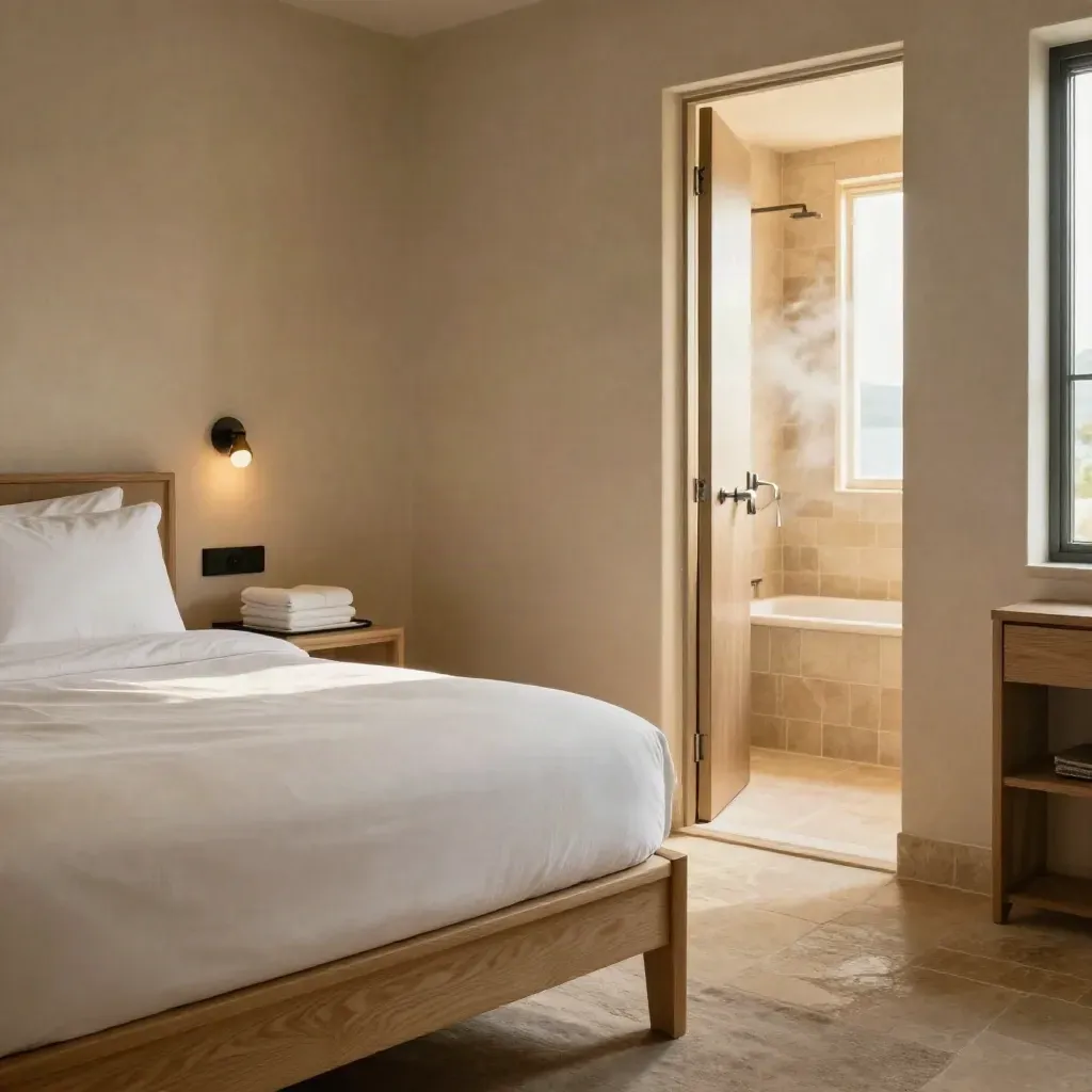 Quiet en-suite double room with tea tray, fresh linen, folded towels and glowing bathroom doorway.