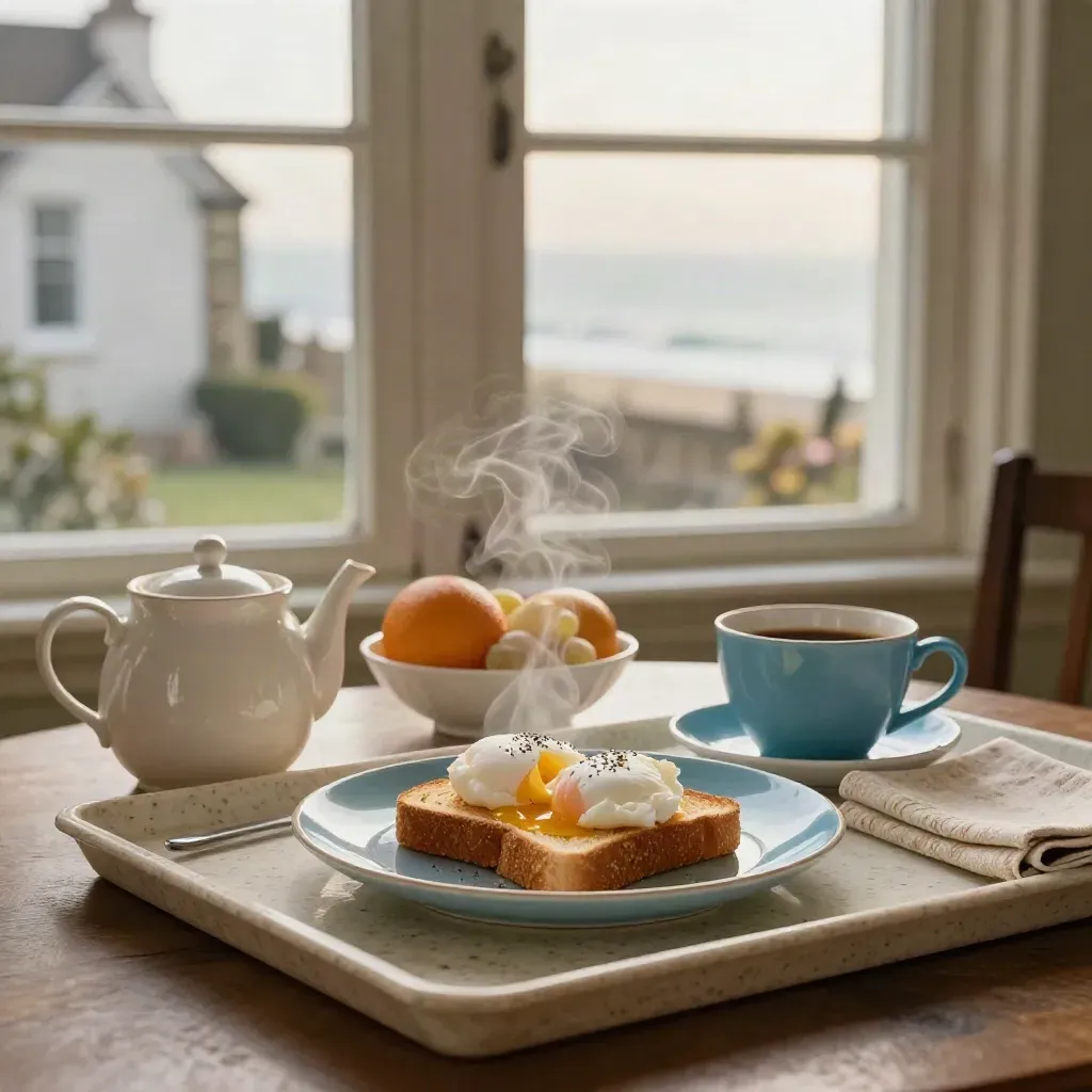Breakfast tray with poached eggs, teapot, coffee cup and fruit by a sunlit window.
