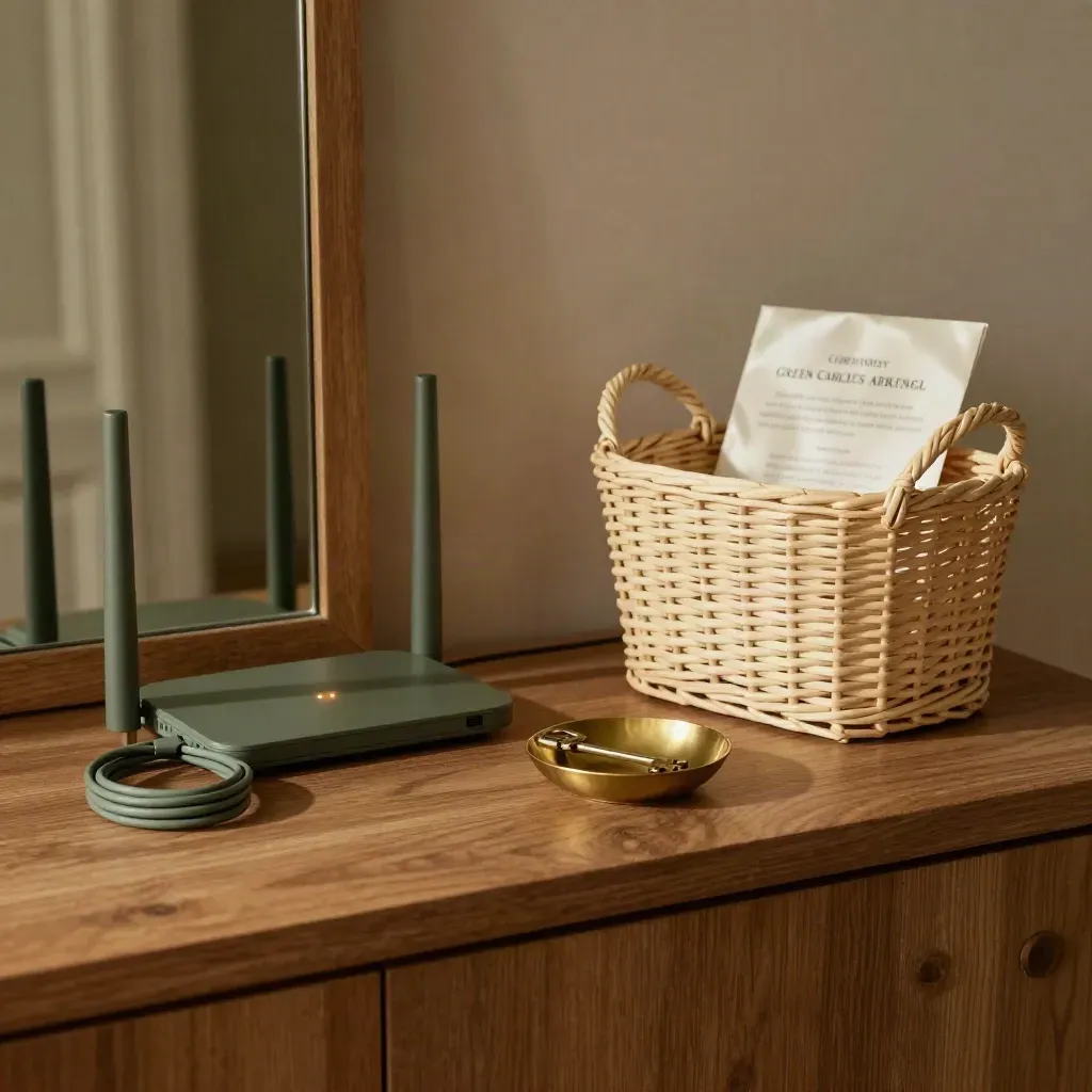 Arrival shelf with Wi‑Fi router, charging dock, brass dish and parking-help basket by an entrance mirror.