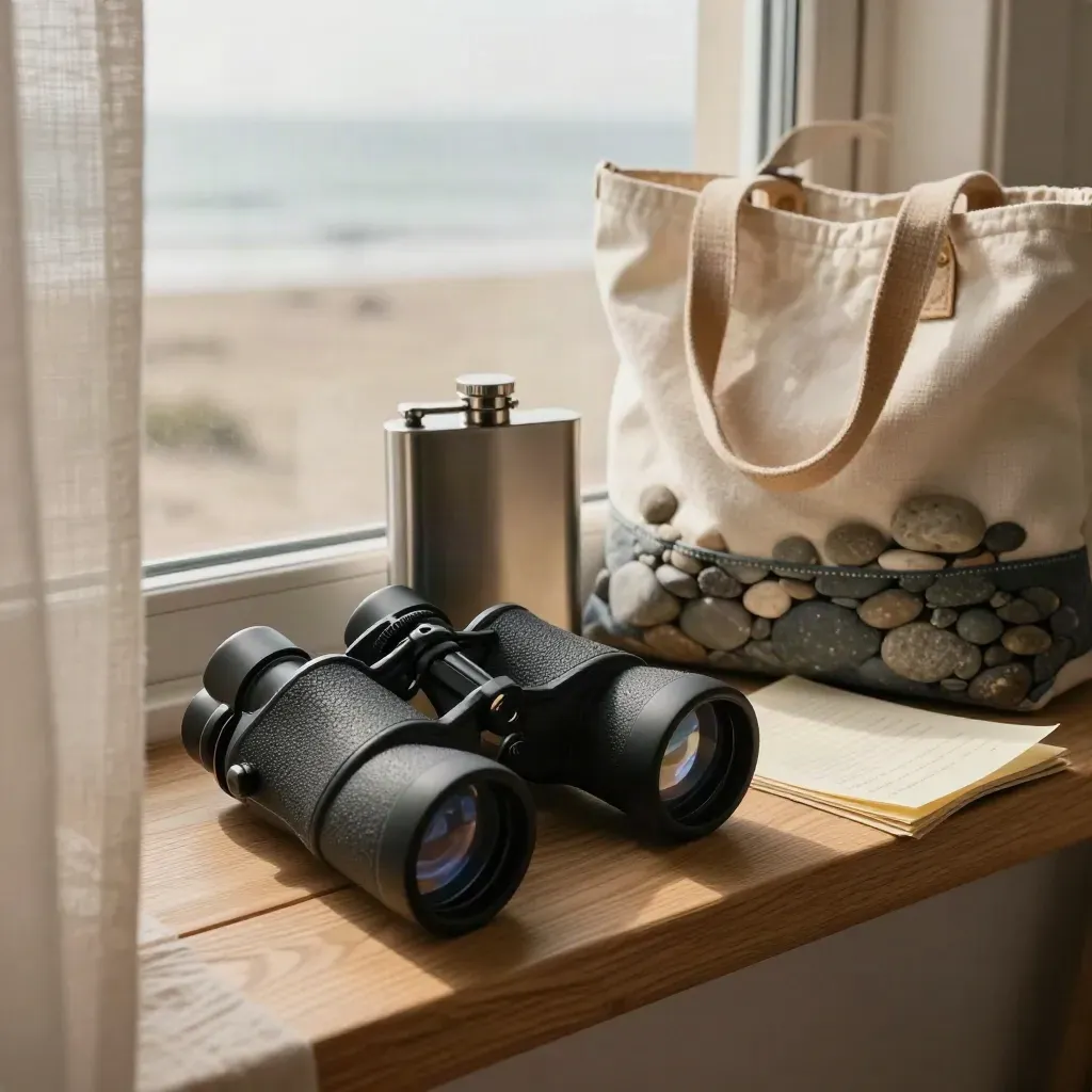 Binoculars, flask and pebble-filled tote beside a bright window for coastal sightseeing.
