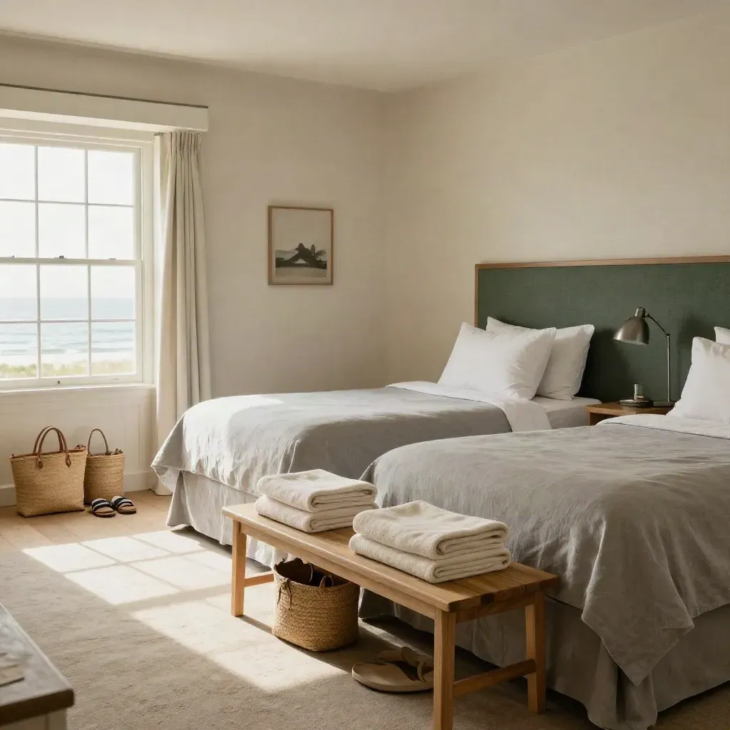 Empty twin room with luggage bench, folded towels and beach shoes by the door