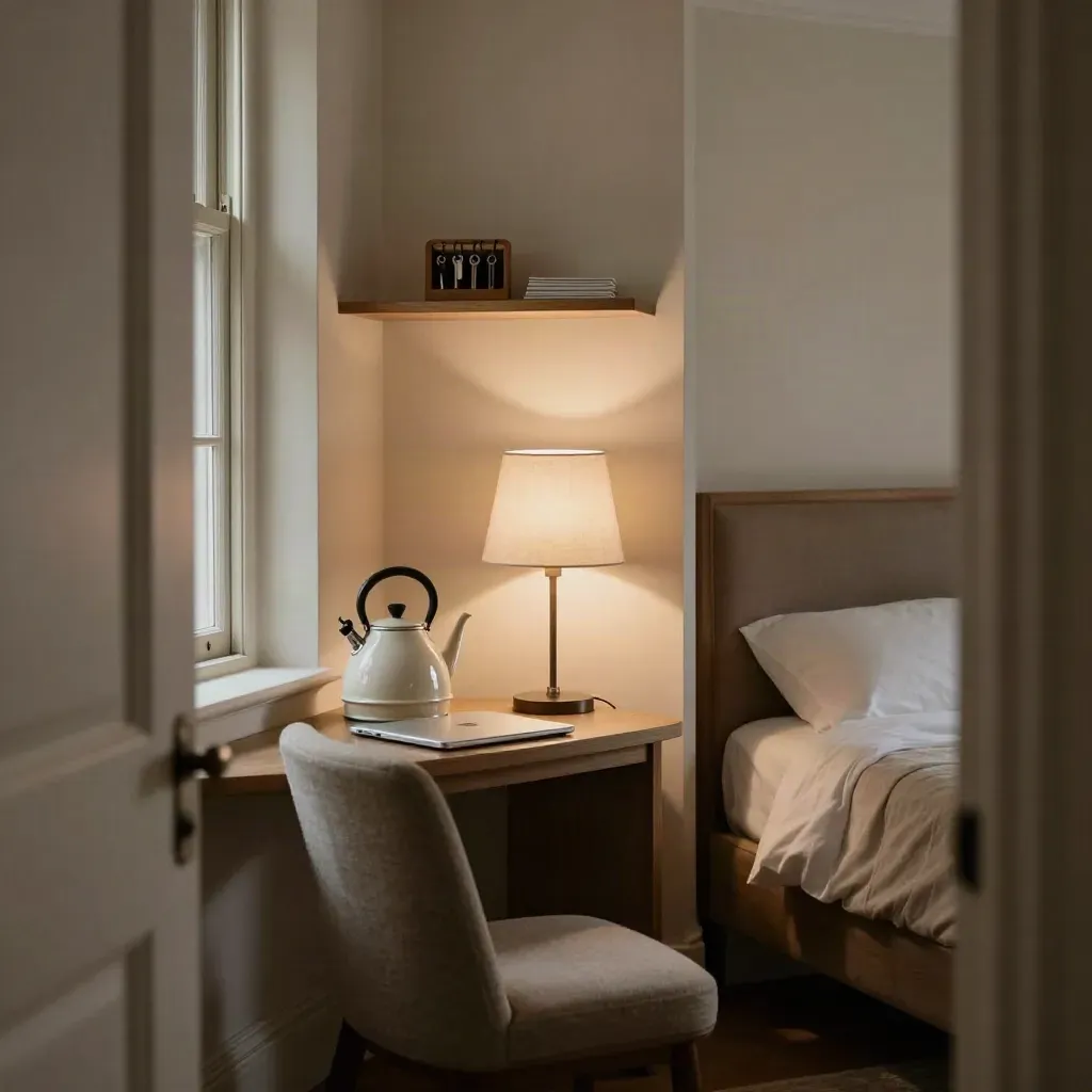 Quiet hotel work nook with laptop, lamp, kettle, chair and window light