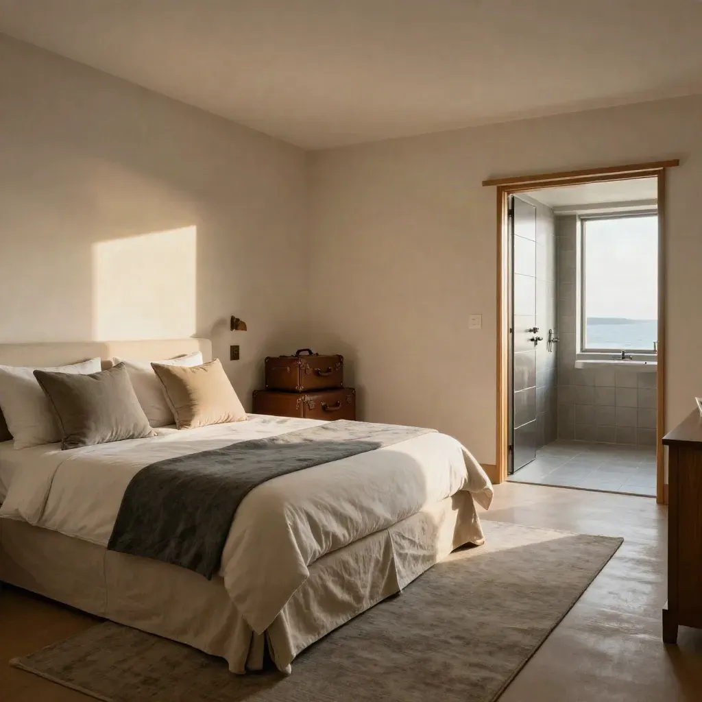 Family suite ready for four with pillows, fold-out bed, suitcases, and an open path to the en-suite.