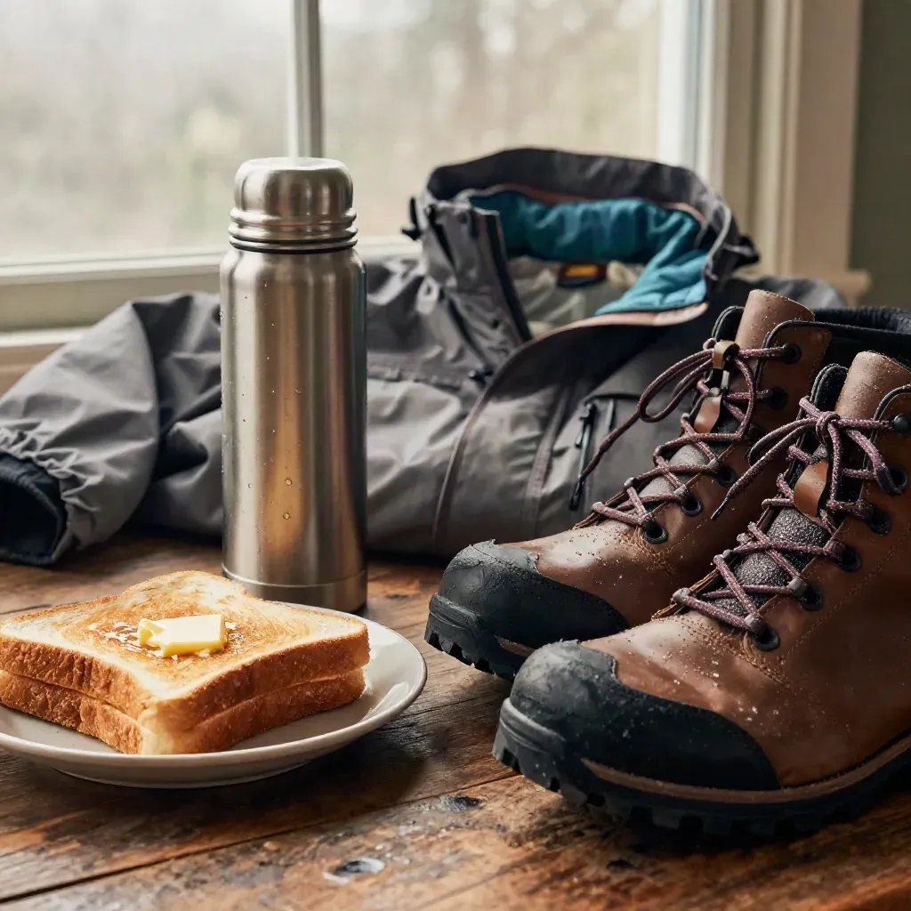 Breakfast-ready boots, thermos, toast, and jacket by a misty window
