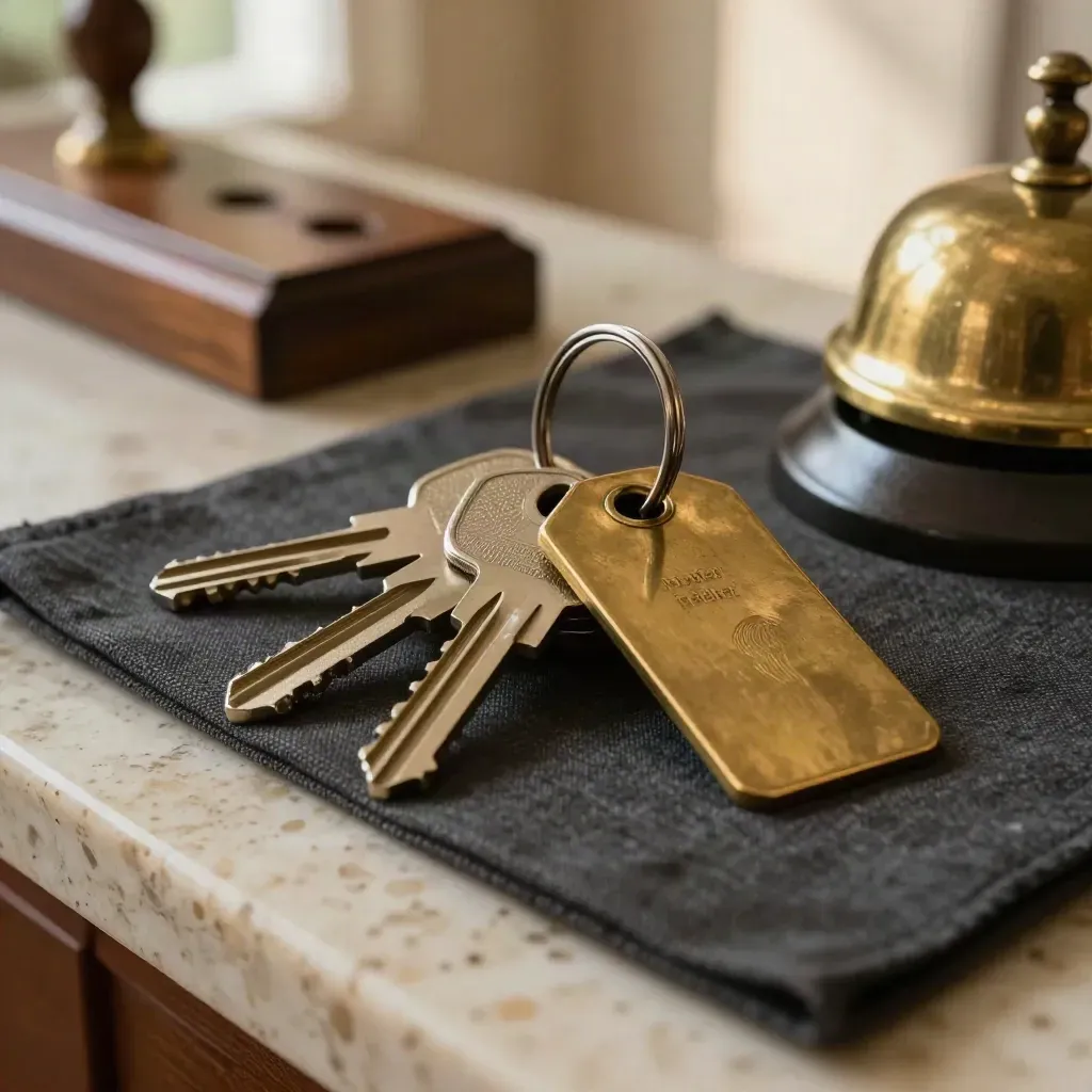 Brass guest house keys, room tags and bell on dark linen in a macro reception close-up.