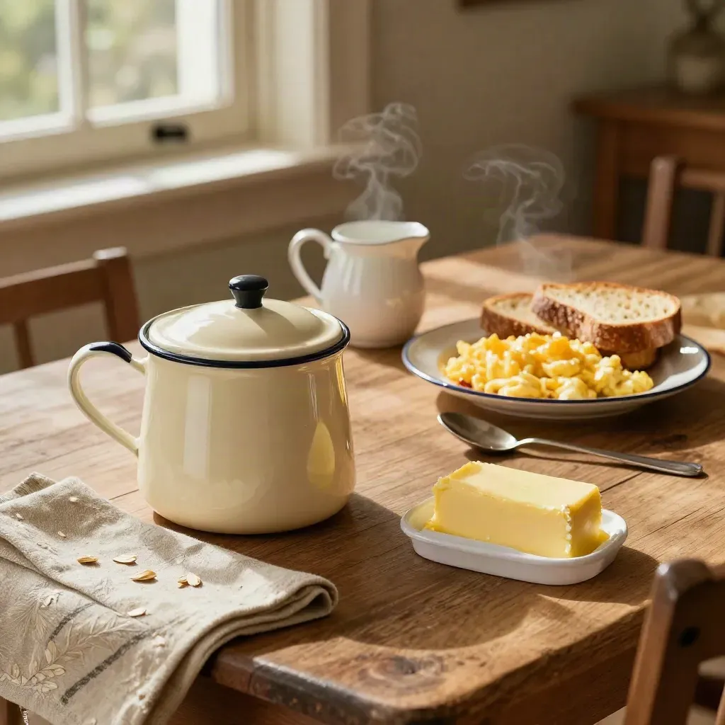 Breakfast pot, milk jug, butter dish and plated eggs on a rustic oak table with steam.