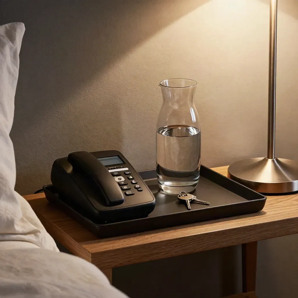 Bedside tray with phone, water jug, key fob and lamp base in a dim guest room still life.
