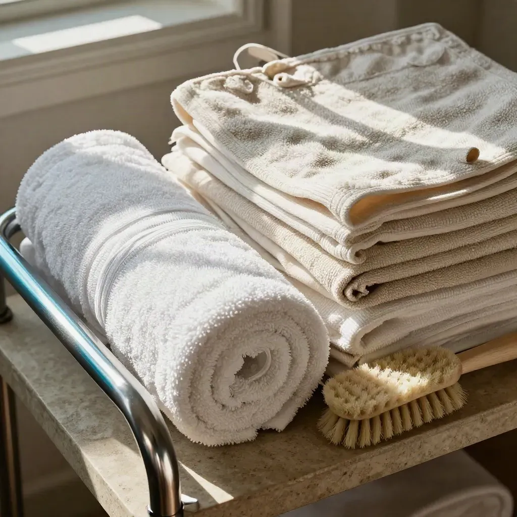 Close-up of rolled towels, folded linen, scrub brush and cart edge in hard light.