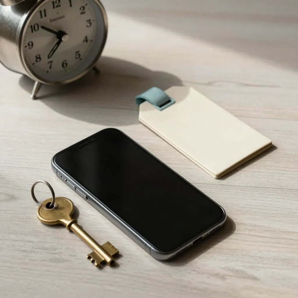 Top-down still life of a phone, brass room key, suitcase tag and alarm clock on pale wood