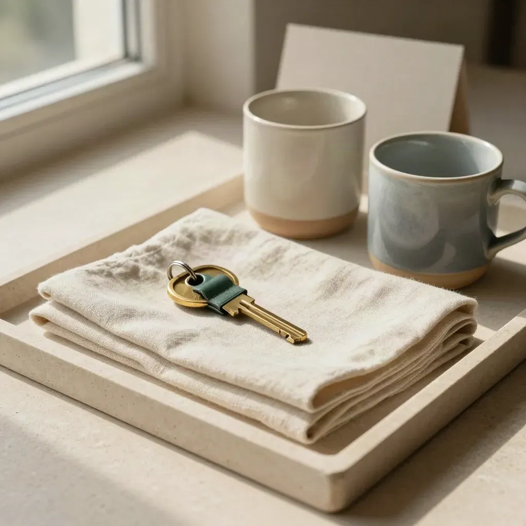 Linen swatches, key fob and mugs on a stone tray in soft coastal neutral light.