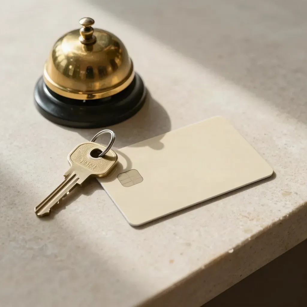 Contactless card, brass key ring and hotel bell on pale stone with soft side light.
