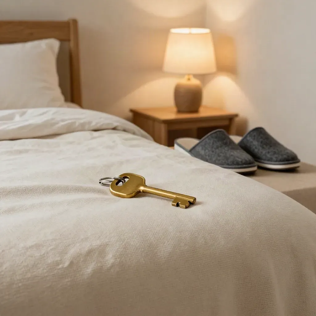 Brass room key, slate slippers and a warm bedside lamp on a folded cream duvet.