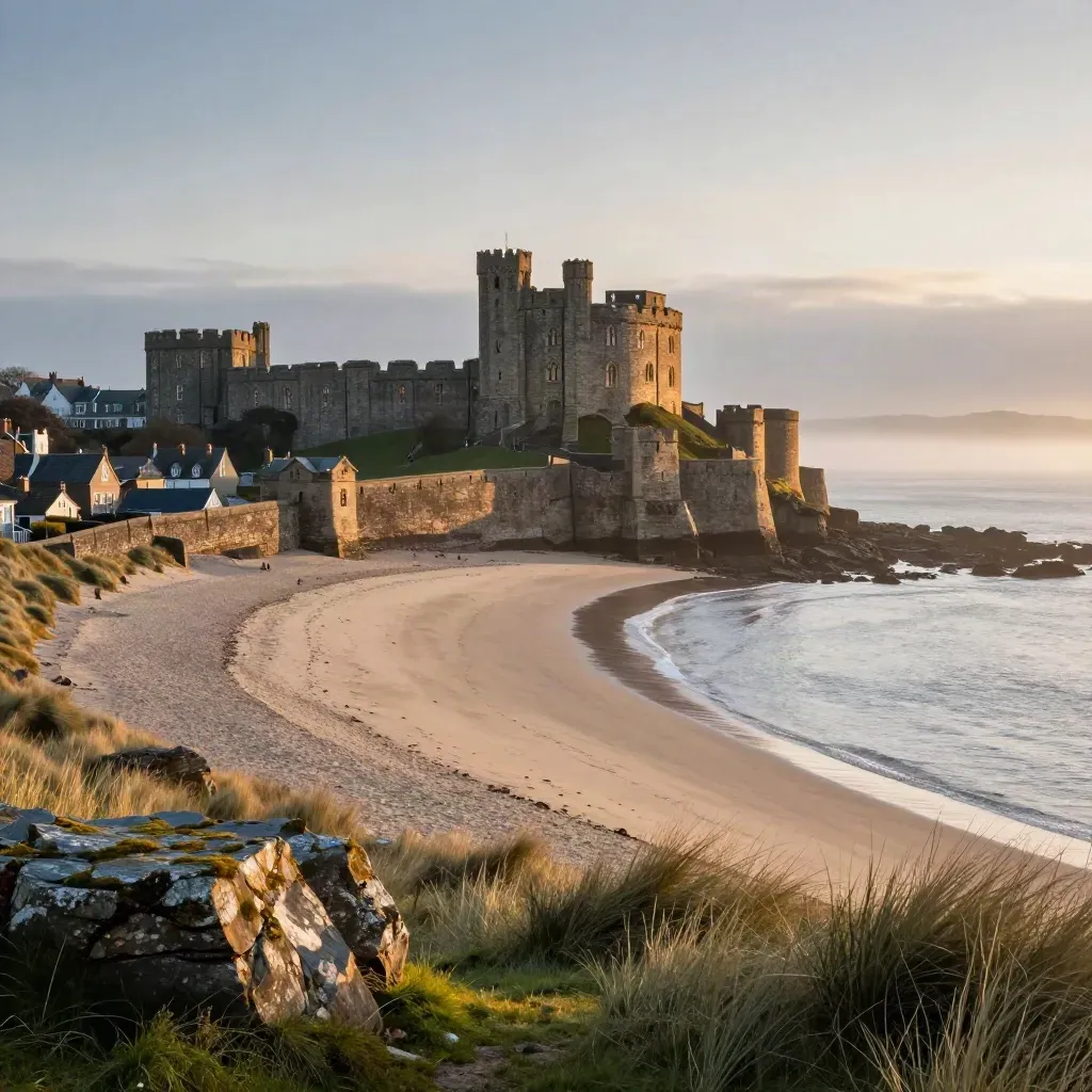 Scarborough Castle above South Bay in warm golden haze, with calm sea and beach below.