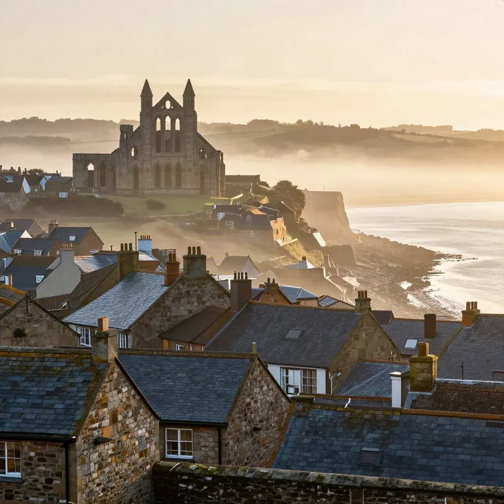 Whitby Abbey above misty roofs and tidal water, wide coastal view at golden hour