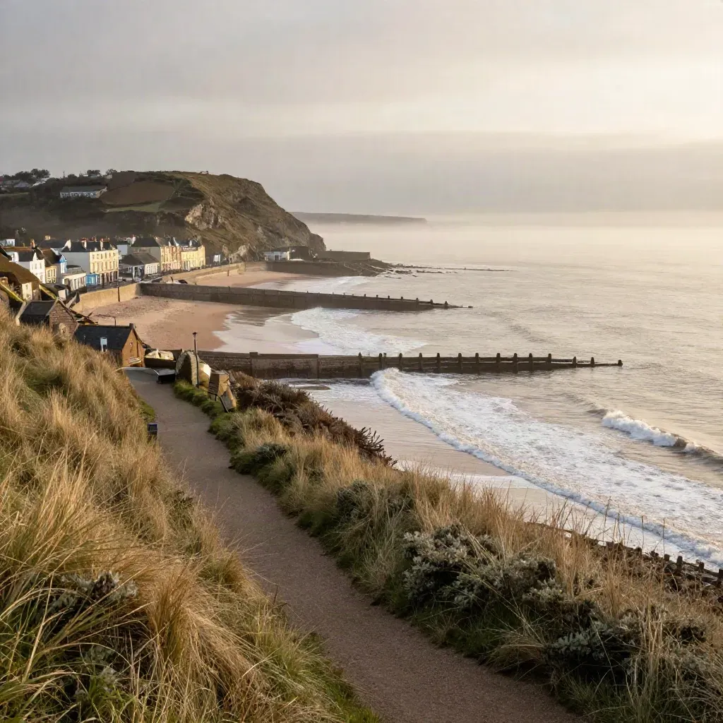 Bridlington coast at dusk with harbour walls, pale surf and terraces above a calm shoreline