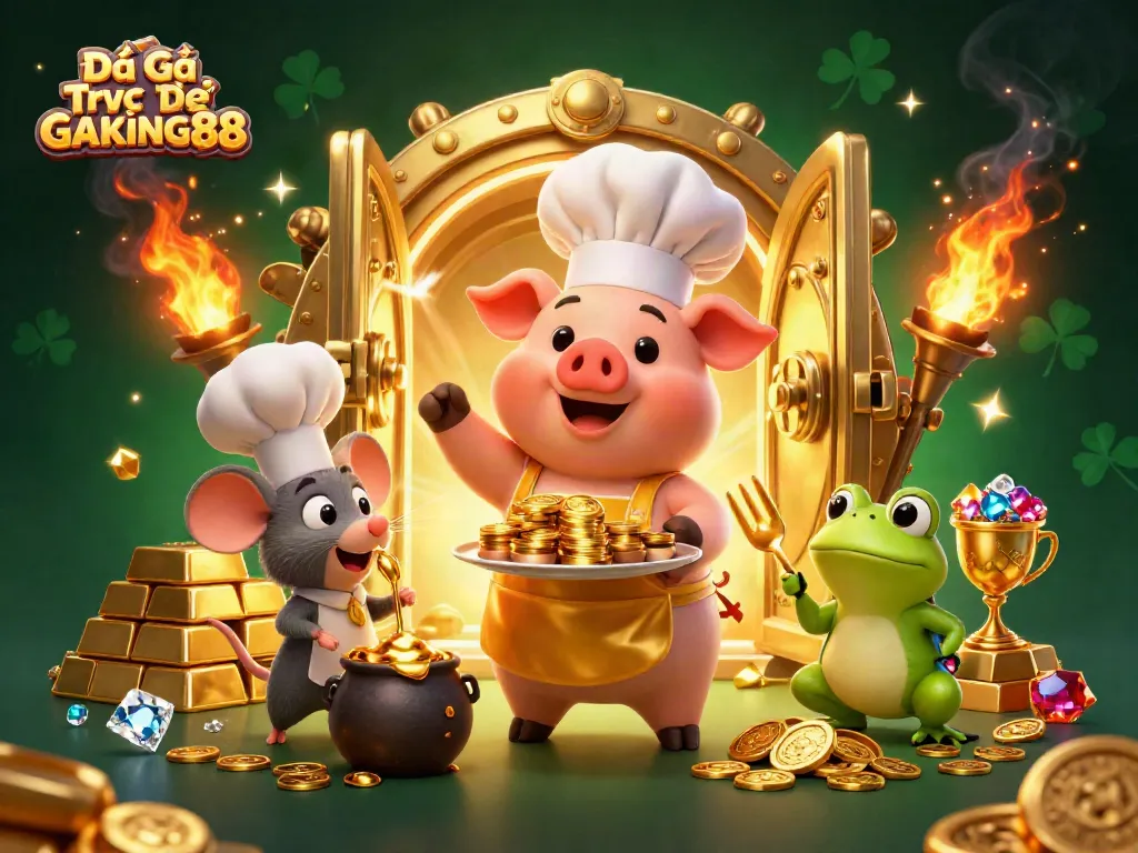 Experience the excitement of Đá Gà Trực Tiếp GAKING88 with vibrant gold coins and dynamic characters in action.