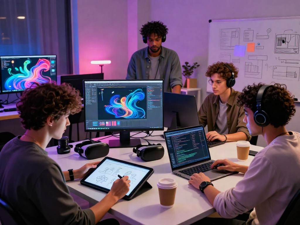 Collaborative workspace showcasing diverse artists using nsfw AI tools in a creative studio setting.