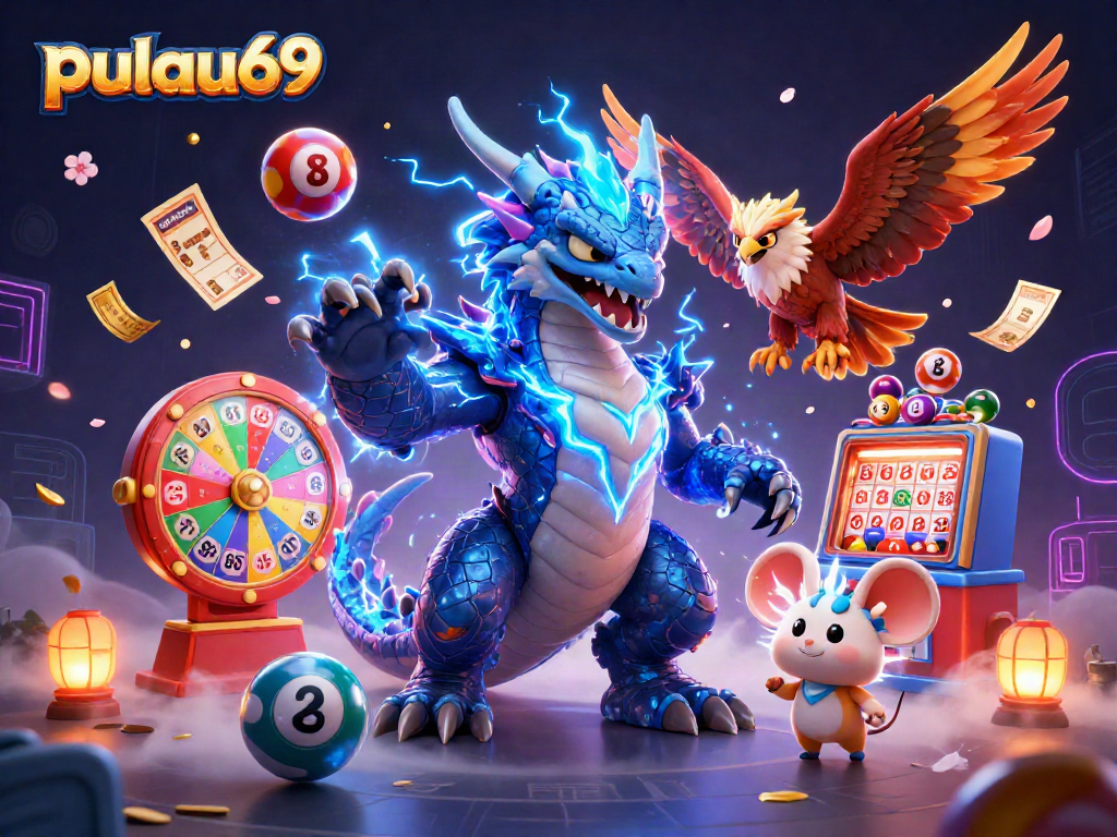 Join pulau69 in a vibrant lottery adventure with colorful balls, a thunder dragon, and a prize wheel.