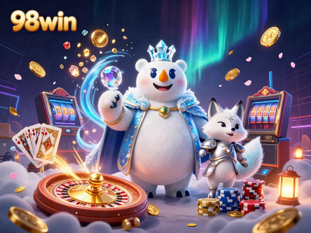 Win big with 98win at the online casino featuring vibrant characters and striking game elements.