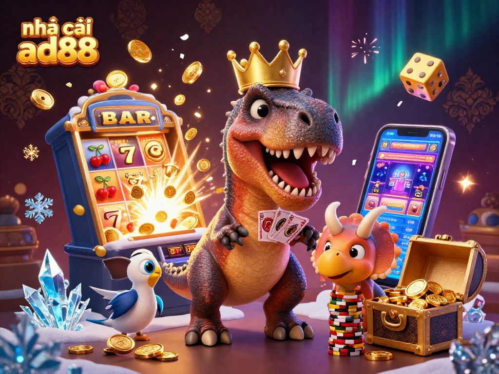 Experience thrilling action at nhà cái ad88 with a playful T-Rex, slot machines and golden chips!