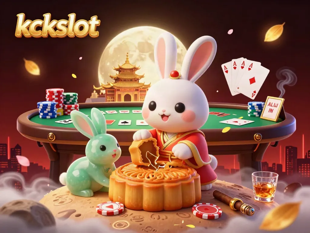 Ilustrasi 3D kckslot, dengan kelinci bulan dan elemen kasino yang menarik
