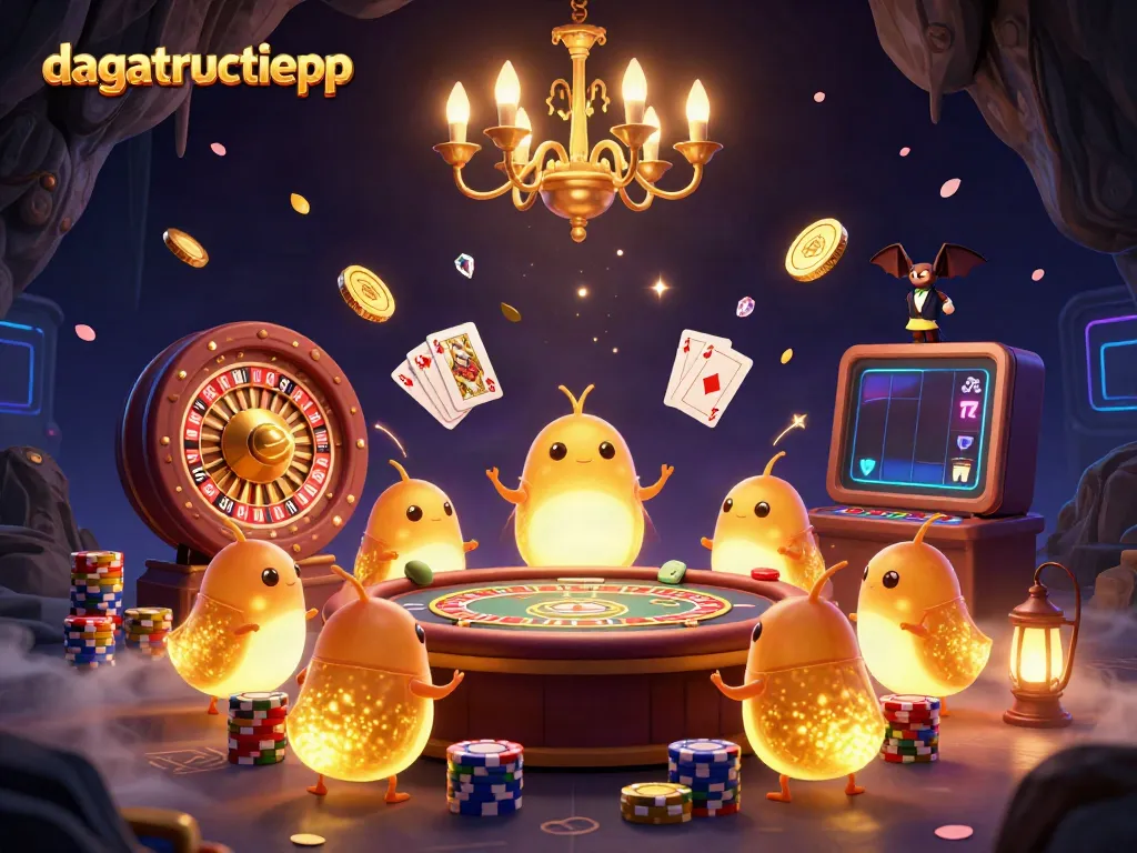 Experience the vibrant action of dagatructiepp in a captivating cave casino illuminated by glowworms and a bat dealer.